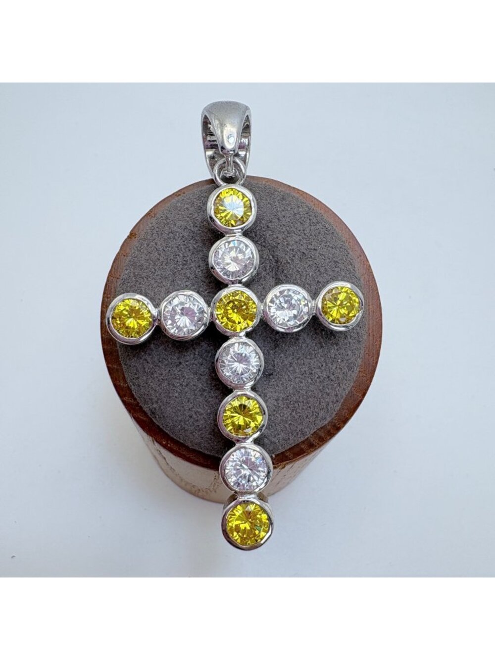 Yellow & White Cubic Zirconia Sterling Silver 925 Cross Pendant 2.5" Length